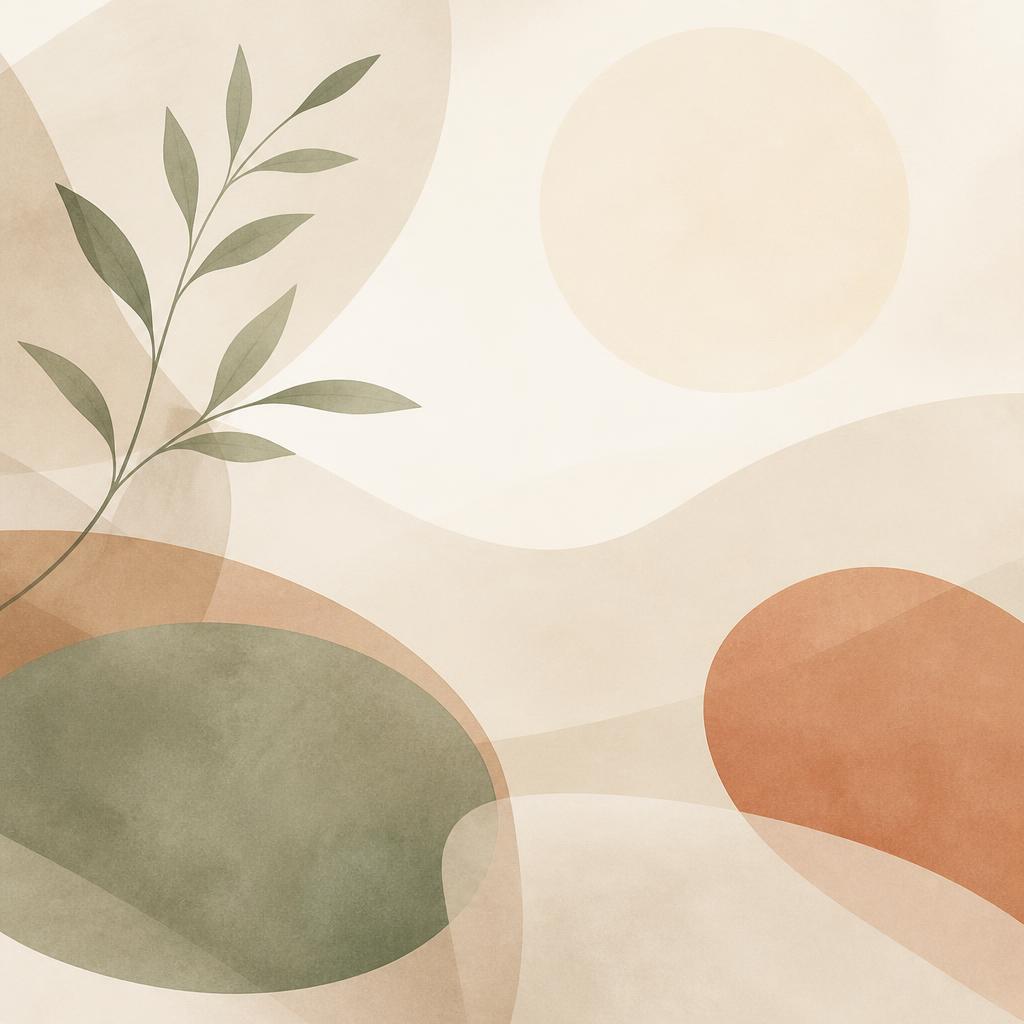 Soft abstract illustration of calm wellbeing with gentle organic shapes and muted sage and clay tones