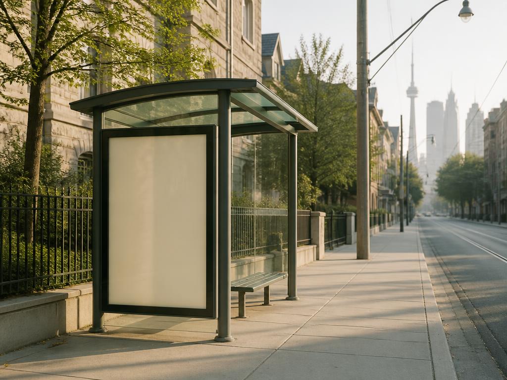 A quiet Toronto street with a transit shelter poster board in soft morning light